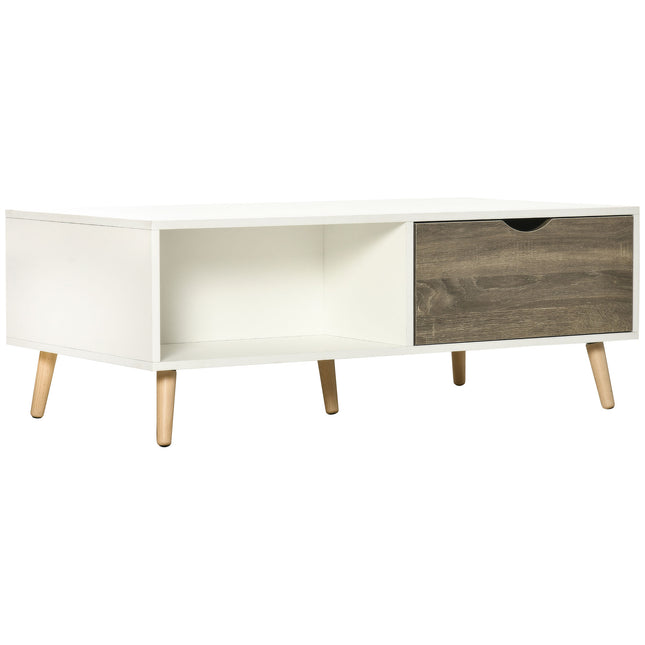 Modern Coffee Table with Open Shelves and Two Drawers, Solid Wood Legs - White