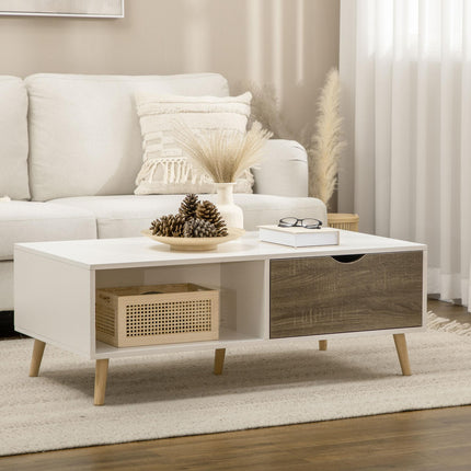 Modern Coffee Table with Open Shelves and Two Drawers, Solid Wood Legs - White