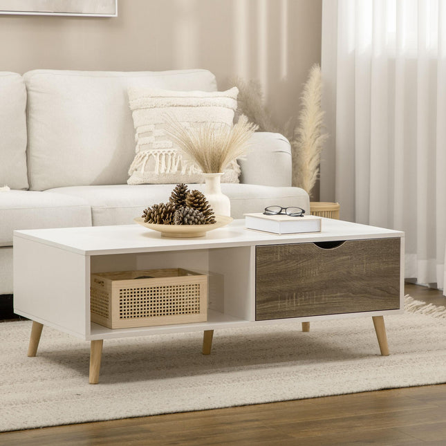 Modern Coffee Table with Open Shelves and Two Drawers, Solid Wood Legs - White