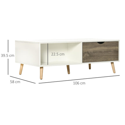 Modern Coffee Table with Open Shelves and Two Drawers, Solid Wood Legs - White