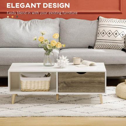 Modern Coffee Table with Open Shelves and Two Drawers, Solid Wood Legs - White