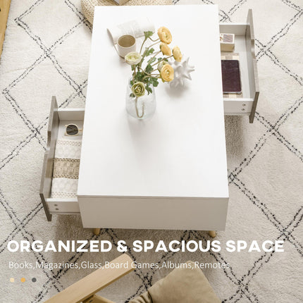 Modern Coffee Table with Open Shelves and Two Drawers, Solid Wood Legs - White