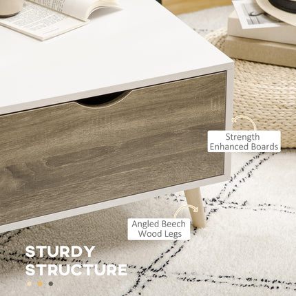 Modern Coffee Table with Open Shelves and Two Drawers, Solid Wood Legs - White