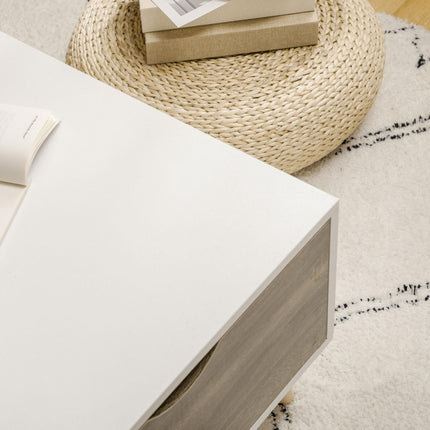 Modern Coffee Table with Open Shelves and Two Drawers, Solid Wood Legs - White