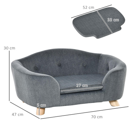 Pet Sofa for Small Dogs and Kittens with Wooden Frame and Washable Cushion, 70x47x30 cm - Grey
