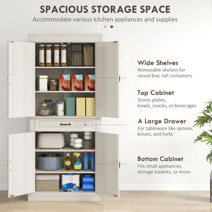 Kitchen Cupboard 4 Doors with Wide Drawer and Shelves 180cm - White Wood Grain