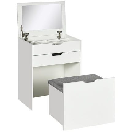 Dressing Table with Flip-up Mirror, Drawer & Storage Stool with Hidden Compartments - White