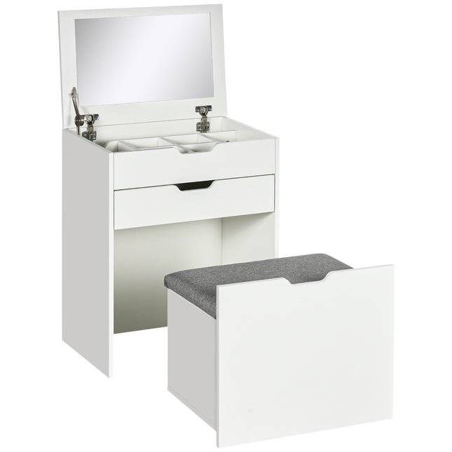 Dressing Table with Flip-up Mirror, Drawer & Storage Stool with Hidden Compartments - White