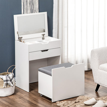 Dressing Table with Flip-up Mirror, Drawer & Storage Stool with Hidden Compartments - White