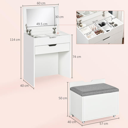Dressing Table with Flip-up Mirror, Drawer & Storage Stool with Hidden Compartments - White