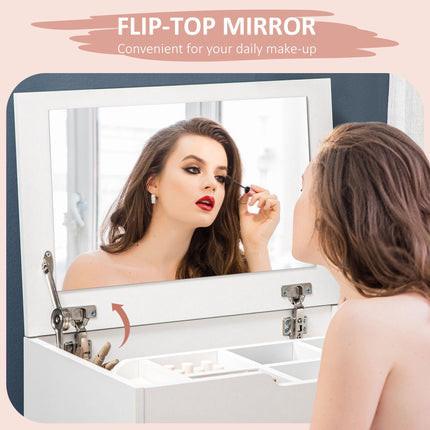 Dressing Table with Flip-up Mirror, Drawer & Storage Stool with Hidden Compartments - White