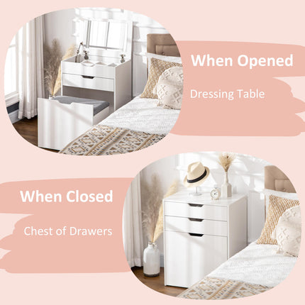 Dressing Table with Flip-up Mirror, Drawer & Storage Stool with Hidden Compartments - White
