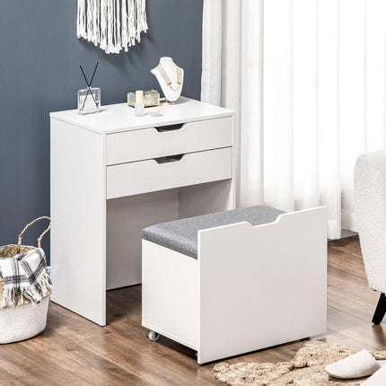 Dressing Table with Flip-up Mirror, Drawer & Storage Stool with Hidden Compartments - White
