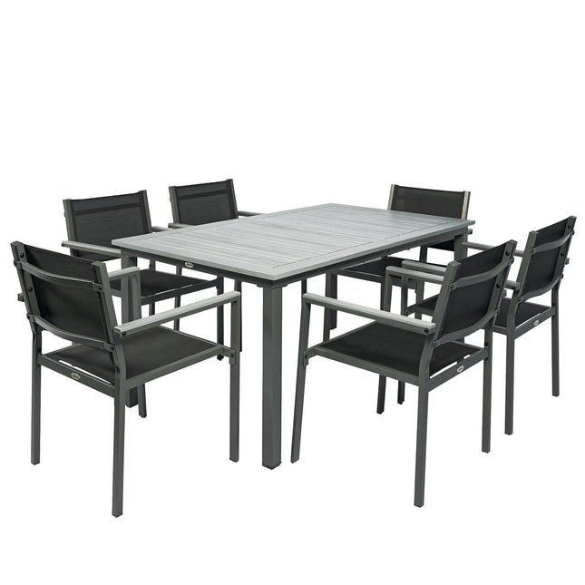Garden Dining Set with Acacia Wood Table Top, Outdoor Table and Stackable Chairs Set for 6 with Texteline Seat, Grey