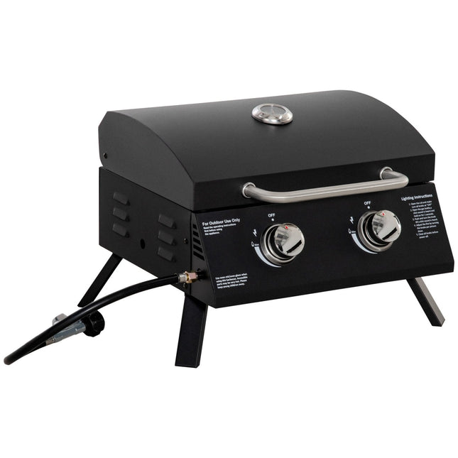 2 Burner Portable Gas Barbecue Grill with Folding Legs, Lid & Thermometer - Black