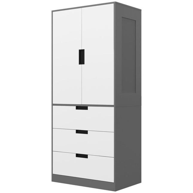 2 Door Modern Wardrobe with 3 Drawers & Hanging Rod - Grey