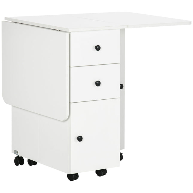 Folding Extendable Dining Table for 4-6 with Storage Drawers, Cabinet & Wheels - White