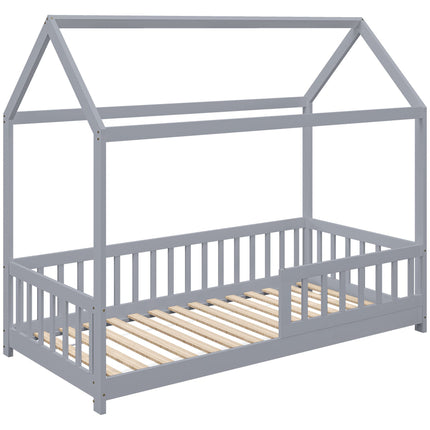 House-Shaped Kids Bed Frame with Guard Rails, Solid Pine Wood Single Bed Frame for Kids Boys and Girls, Grey
