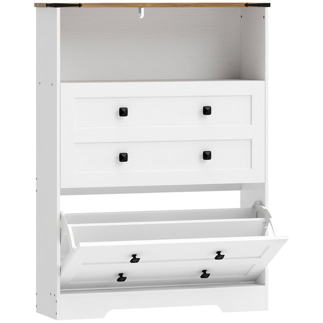 Shoe Cabinet with 2 Flip Drawers, Narrow Shoe Storage Cabinet, White