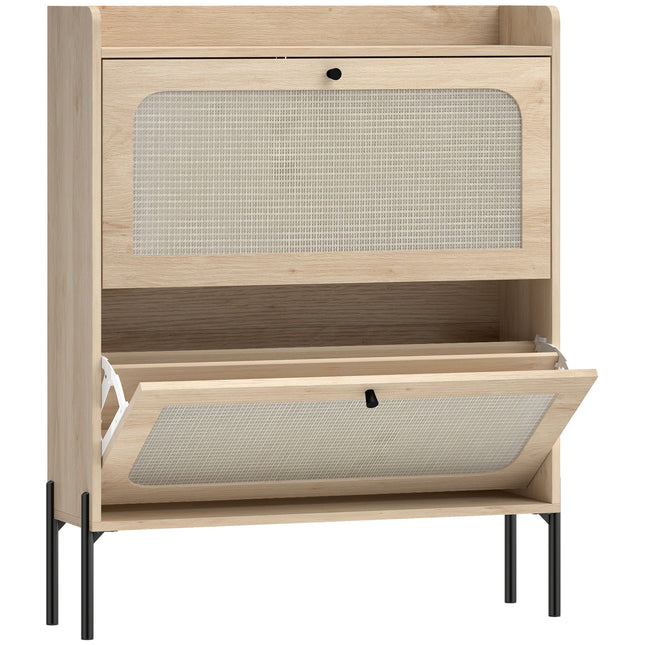 Shoe Cabinet with 2 Flip Drawers, Boho Narrow Shoe Storage Cabinet, Oak