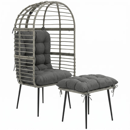 Garden Egg Chair with Footstool, Rattan Indoor Outdoor Lounge Chair and Ottoman Set with Thick Cushions, Light Grey
