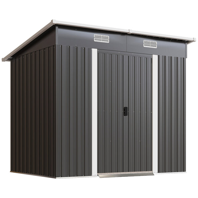 7 x 4ft Outdoor Storage Shed with Foundation Kit, Lean to Metal Garden Shed for Log, Rubbish Bin, Tool, Bike, Black