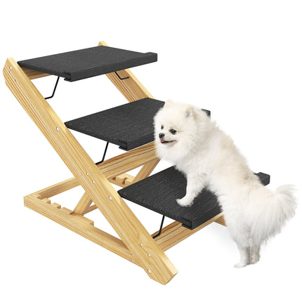 Adjustable 3-Step Foldable Dog Ramp and Stairs for Medium Dogs - Natural Wood