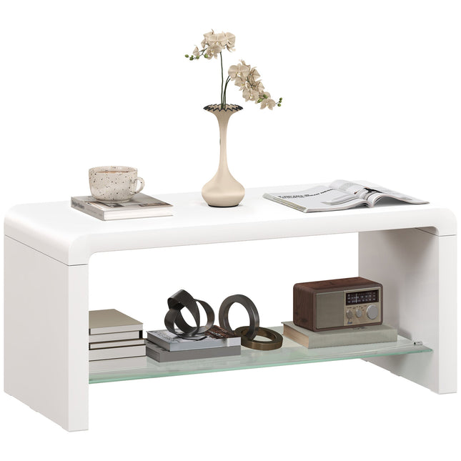 Curved Two-Tier Coffee Table with Glass Shelf - High Gloss White