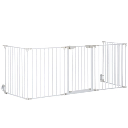 Pet Safety Gate 5-Panel Metal Playpen with Walk-Through Door and Auto Close Lock - White