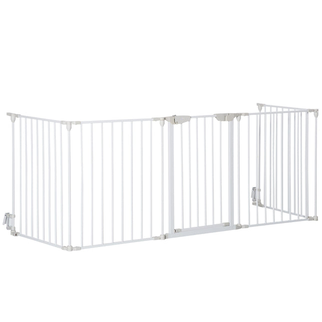 Pet Safety Gate 5-Panel Metal Playpen with Walk-Through Door and Auto Close Lock - White