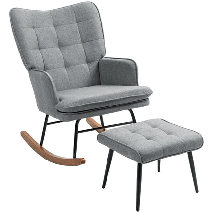 Linen-Look Rocking Chair and Ottoman Set with Wooden Base - Grey