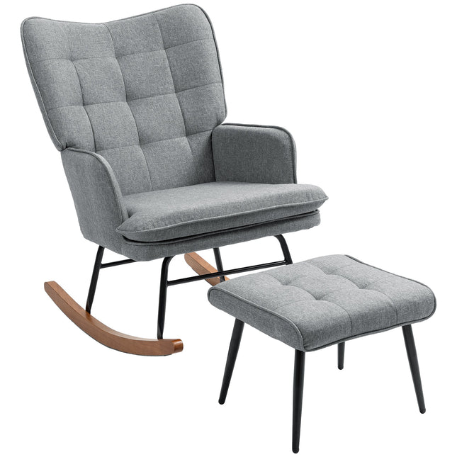 Linen-Look Rocking Chair and Ottoman Set with Wooden Base - Grey