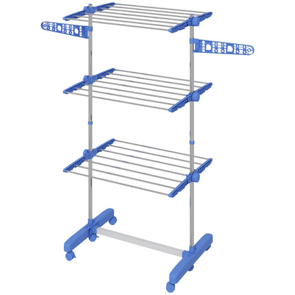 Three-Shelf Collapsible Clothes Horse with Side Arms and Wheels - Blue