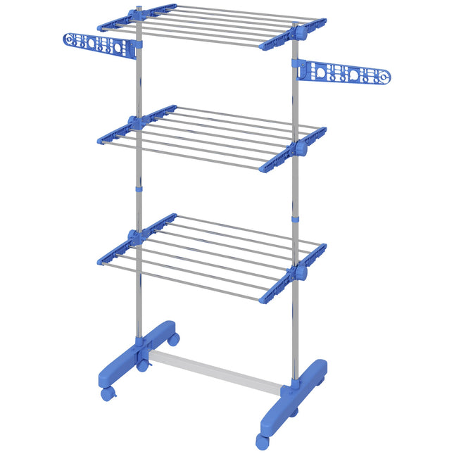 Three-Shelf Collapsible Clothes Horse with Side Arms and Wheels - Blue