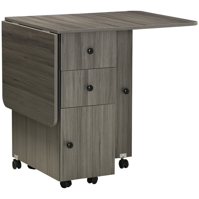 Folding Extendable Dining Table for 4-6 with Storage Drawers, Cabinet & Wheels - Grey