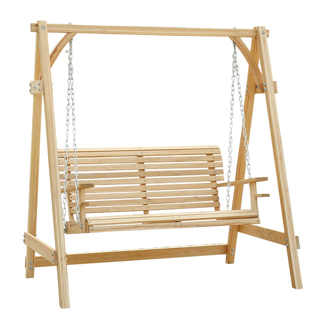 2-Seater Larch Wood Swing Chair Bench with Cup Trays - Natural Wood Finish