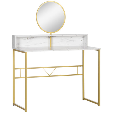 Modern Dressing Table with Round Adjustable Mirror and Open Storage, Faux Marble Top Steel Frame Vanity Desk - White