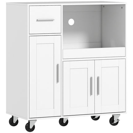 Rolling Kitchen Cart, Microwave Cabinet with Sliding Tray, Drawer, 3-Door Cupboards, Adjustable Shelf, White