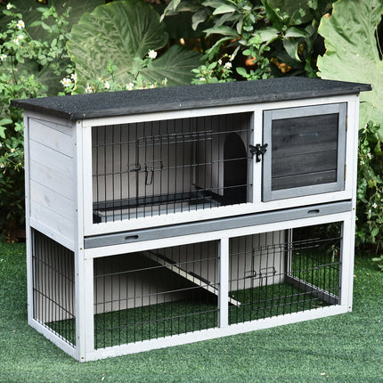 Small Animal Two-Level Fir Wood Hutch with Slide-Out Tray - Grey
