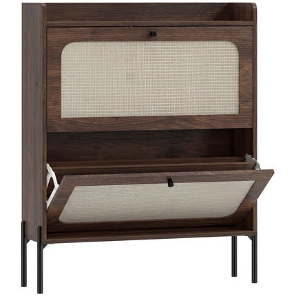 Shoe Cabinet with 2 Flip Drawers, Boho Narrow Shoe Storage Cabinet, Dark Brown
