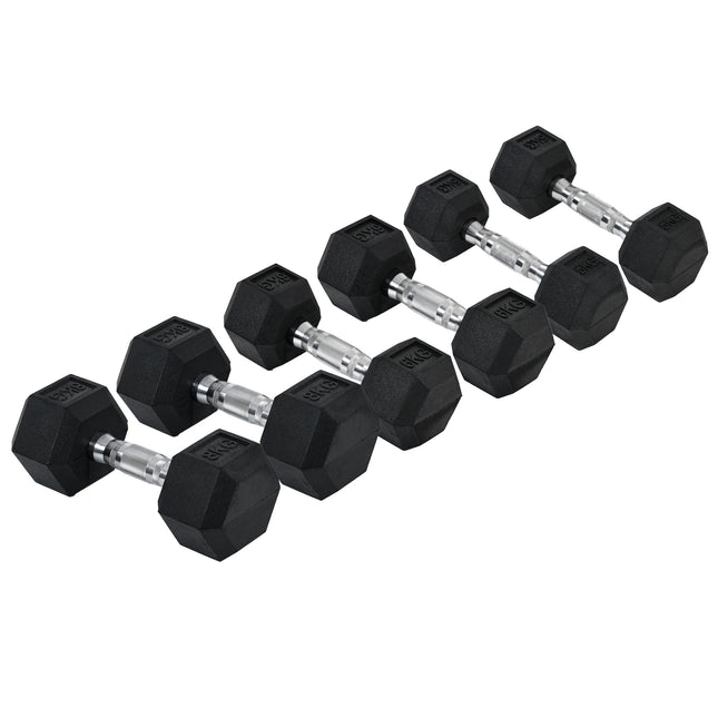 Rubber Hex Dumbbell Set 2x5kg 2x6kg 2x8kg for Home Gym Strength Training - Black