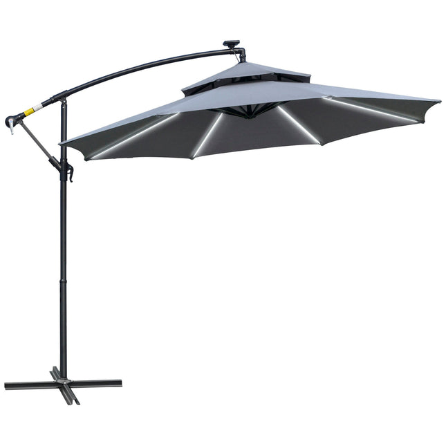 3m Cantilever Banana Parasol with Double Roof, Solar LED Lights, Crank & Cross Base - Grey