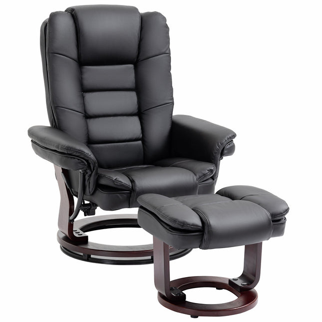 Manual Recliner Armchair and Footrest Set with Swivel Wood Base PU Leather - Black