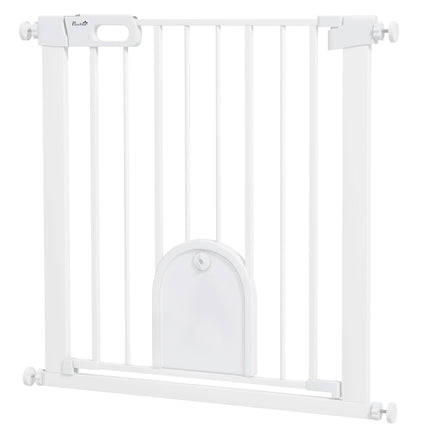75-103cm Pressure Fit Pet Safety Gate with Double Lock & Cat Flap for Doorways and Stairs - White