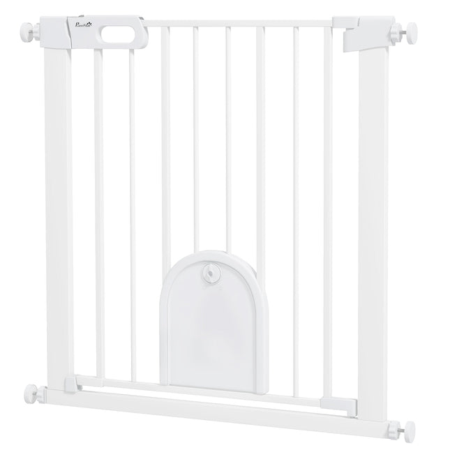75-103cm Pressure Fit Pet Safety Gate with Double Lock & Cat Flap for Doorways and Stairs - White