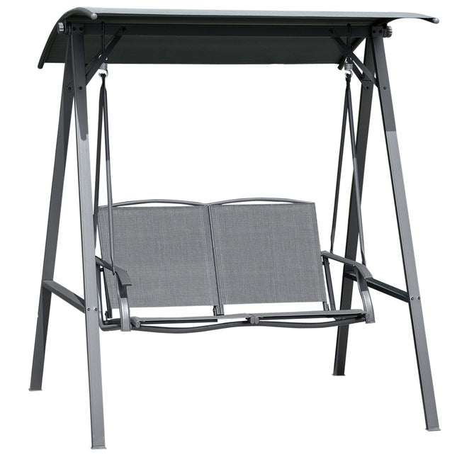 2 Seater Outdoor Garden Swing Chair with Adjustable Canopy and Metal Frame - Dark Grey