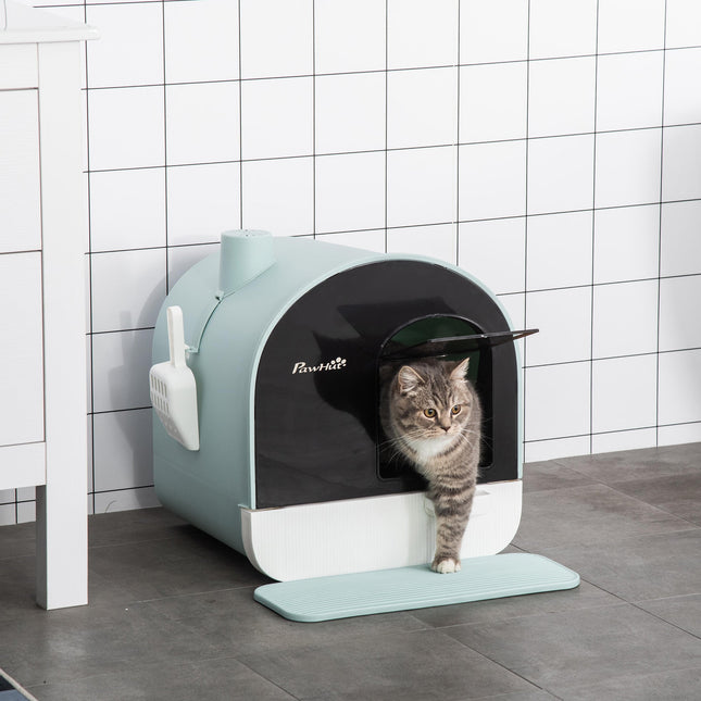Cat Litter Box Kitten Tray with Hood, Scoop, Filter & Flap Door 43x44x47 cm - Green