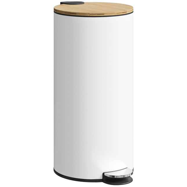 Kitchen Bin, 30 Litre Pedal Rubbish Bin with Removable Bucket, White and Natural