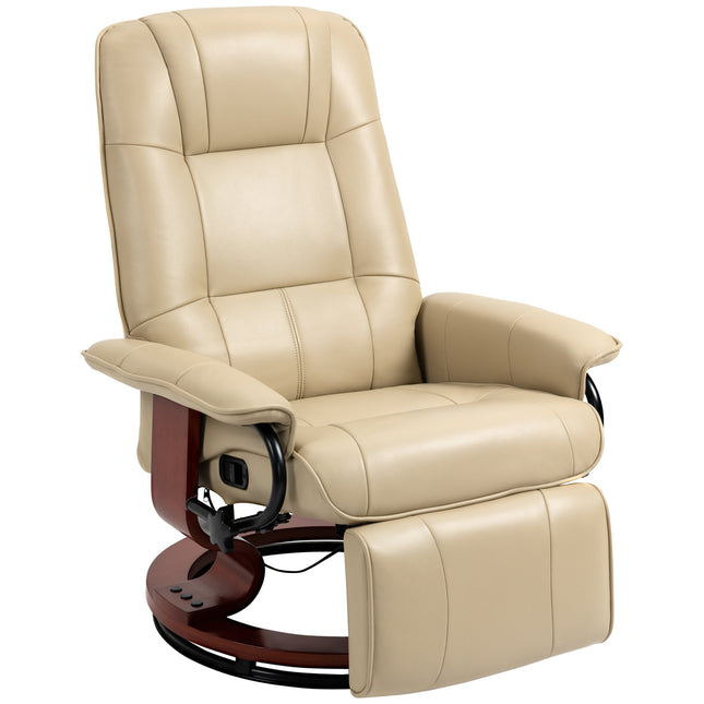 Faux Leather Swivel Recliner Chair with Wooden Base and Manual Footrest - Cream