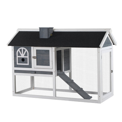 Guinea Pigs Hutch Wooden Bunny Cage with Pull-Out Tray, Ramp & Asphalt Roof for Small Animals - Grey